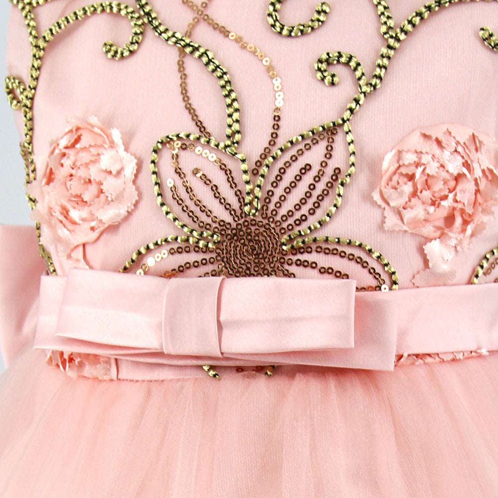 Rodolia Allover Brocade Party Dress - Peach