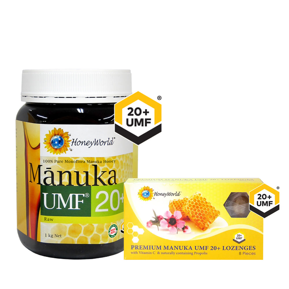 Honeyworld Raw Manuka UMF20+ 1kg and Manuka UMF 20+ Lozenges 8pcs (Set of 2)