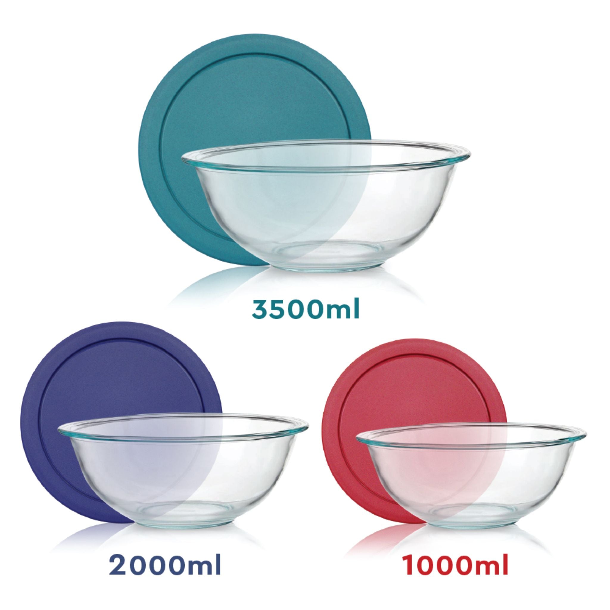 Kukeri Borosilicate Glass Containers 6pc Set - 3 Mixing Bowls and 3 Lids (3500ml + 2000ml + 1000ml) -  (JV301RD-1000)
