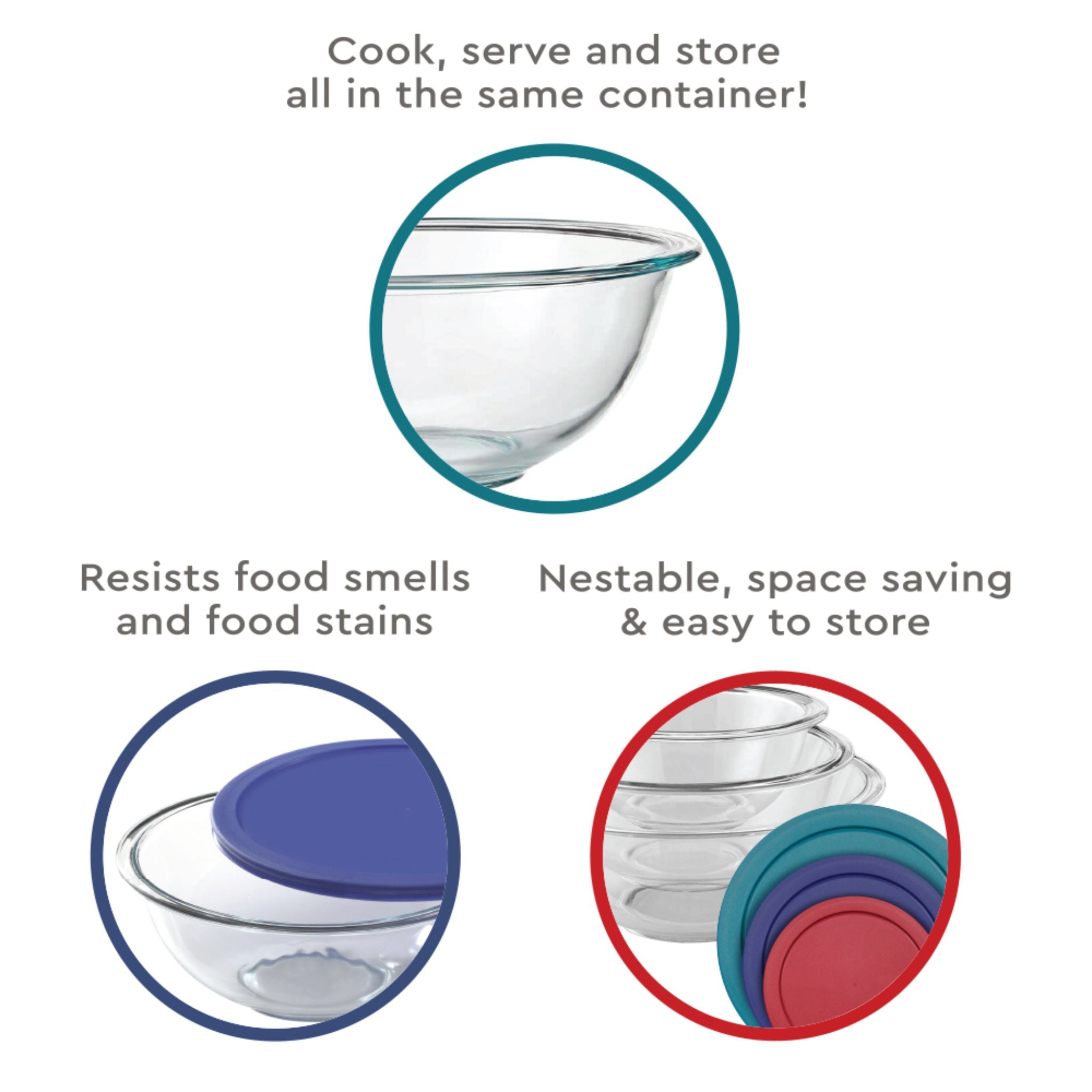 Kukeri Borosilicate Glass Containers 6pc Set - 3 Mixing Bowls and 3 Lids (3500ml + 2000ml + 1000ml) -  (JV301RD-1000)