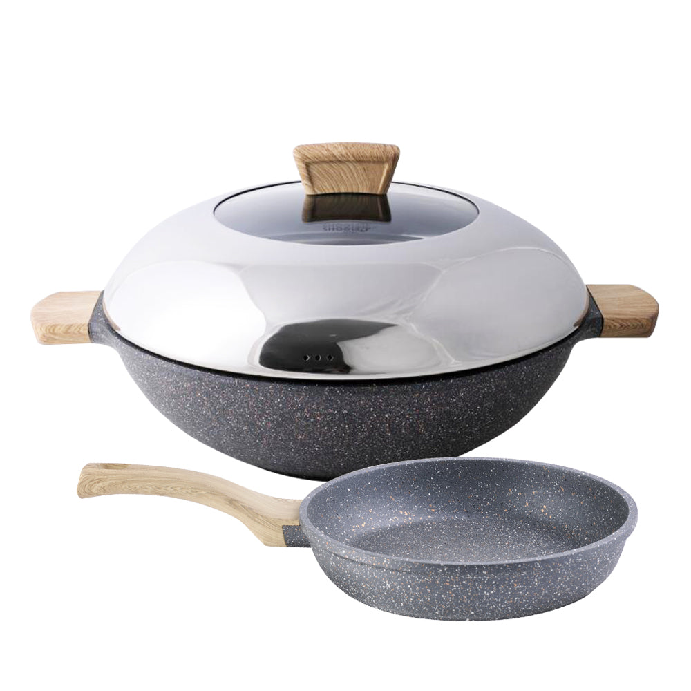 La Gourmet 36cm Shogun Granite Plus Ceramic Wok with Semi-Glass Lid + 20cm Deep Frypan (Bundle Deal) (LGSNGP352675+352620)