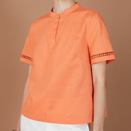 Isle & Isle Mandarin Collar Short Sleeve Blouse - Orange