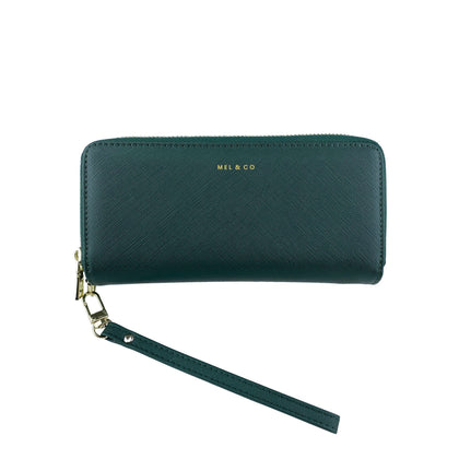 Mel&Co Saffiano-effect Double Zip-around Large Wallet With Wrist Strap - Forest Green