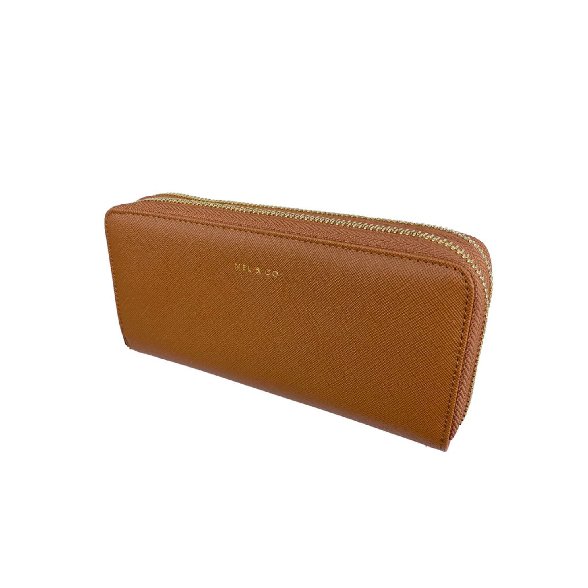 Mel&Co Saffiano-Effect Double Zip-Around Large Wallet With Wrist Strap Tan