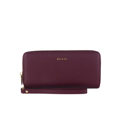 Mel&Co Saffiano-effect Double Zip-around Large Wallet With Wrist Strap - Wine
