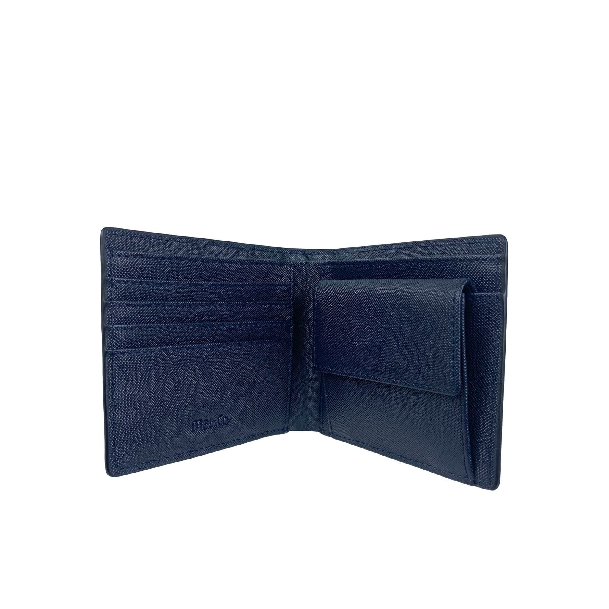 Mel&Co Saffiano Leatherette Bi-Fold Wallet With Flap Pocket Navy