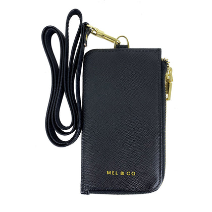 Mel&Co Saffiano-Effect Zip-Up Lanyard Card Holder Black