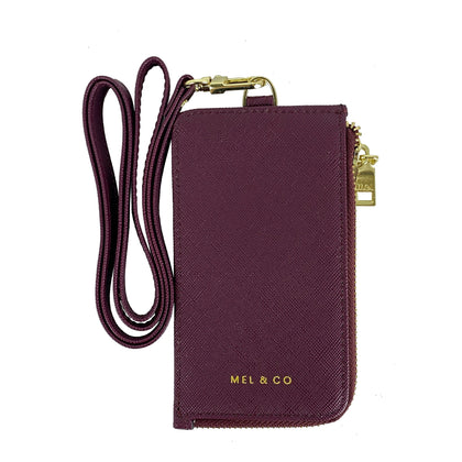 Mel&Co Saffiano-Effect Zip-Up Lanyard Card Holder Wine