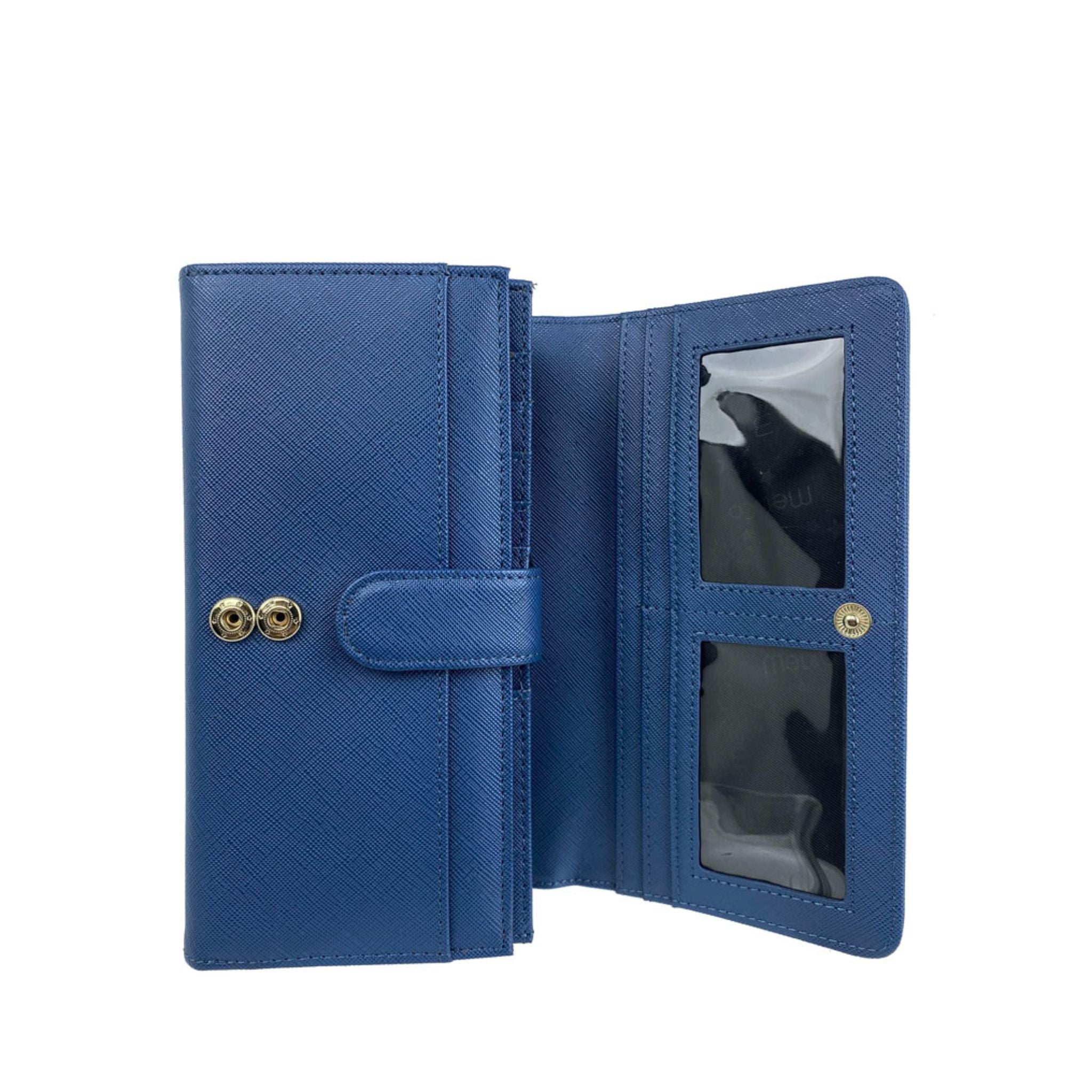 Mel&Co Saffiano Leatherette Tri-Fold Flap Large Wallet Blue