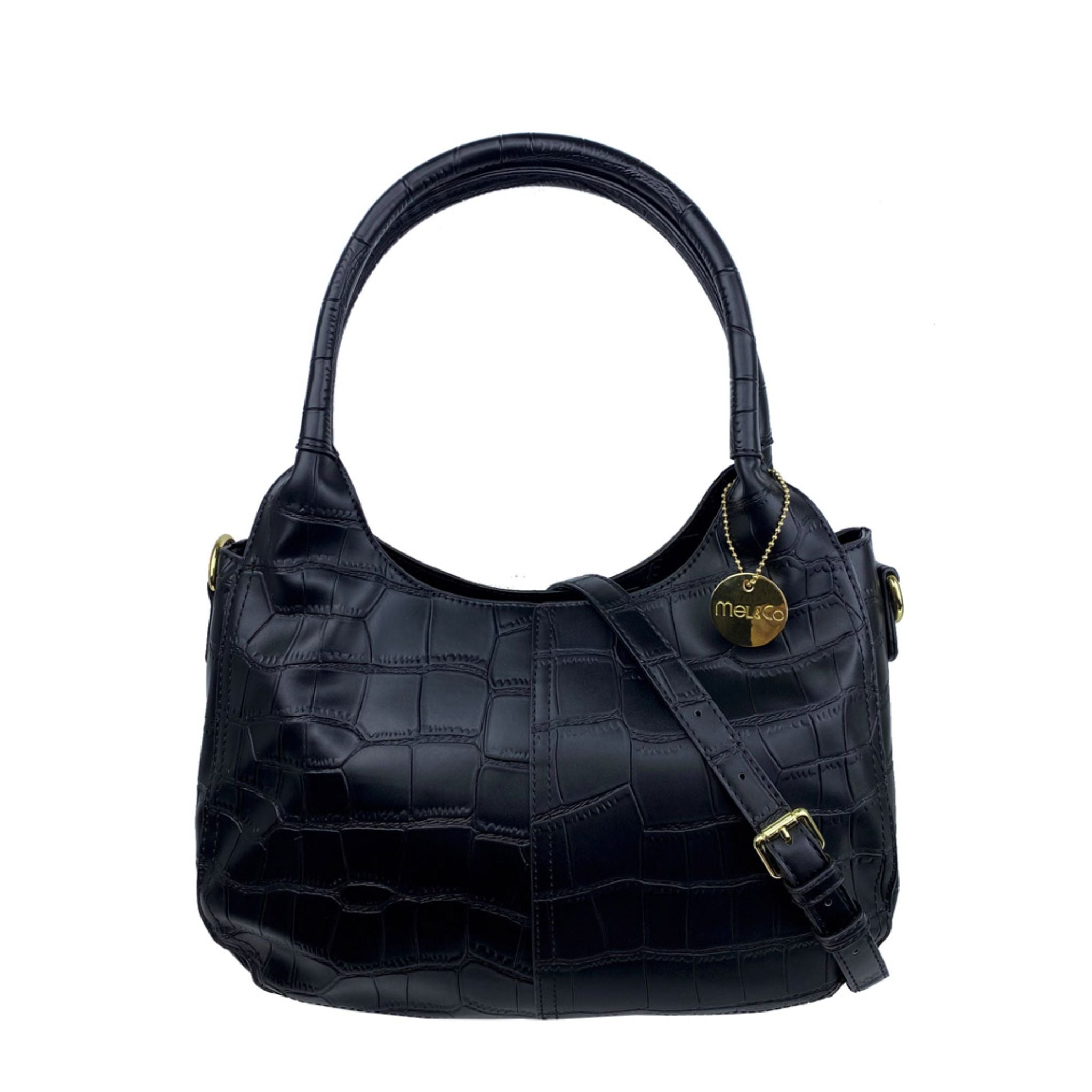 Mel&Co Croco Double Round Handle Mid-Size Shoulder Bag Black