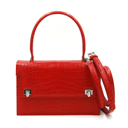SANCHŌ Crocodile Leather Tote with Detachable Long Shoulder Strap - Flame Red