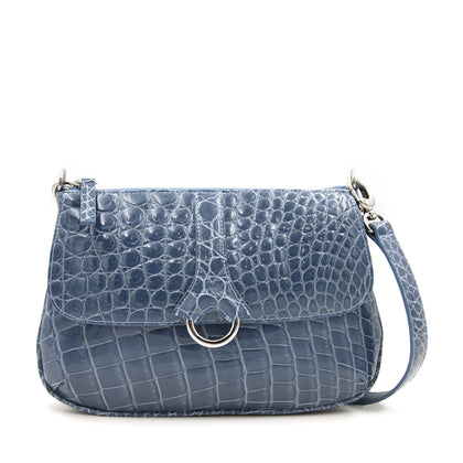 Sancho Genuine Crocodile Leather Half-flap Hobo with Detachable Long & Short Shoulder Straps - Blue Grey
