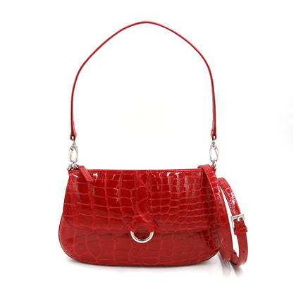 SANCHŌ Crocodile Leather Shoulder Bag with Long and Short Detachable Shoulder Straps - Red