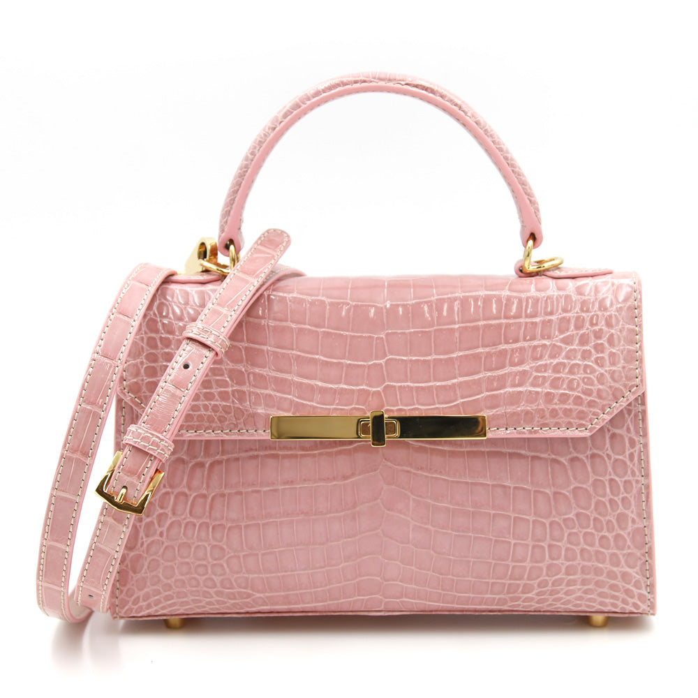 SANCHŌ Crocodile Leather Classic Tote with Detachable Long Shoulder Strap - Light Pink