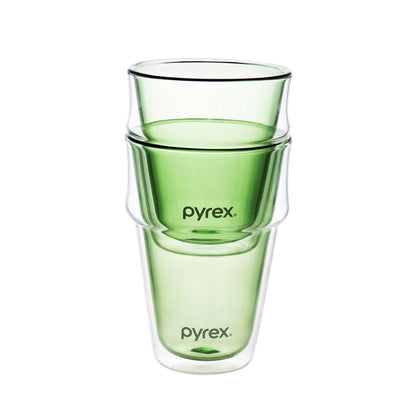 Pyrex 2pc Stackable Double Wall Glass Set 250ml & 355ml - Green