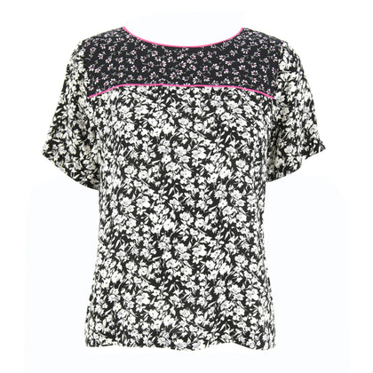 ENRO Mix Fabric With Piping Detail Round-Neck Short Sleeve Blouse - Printed