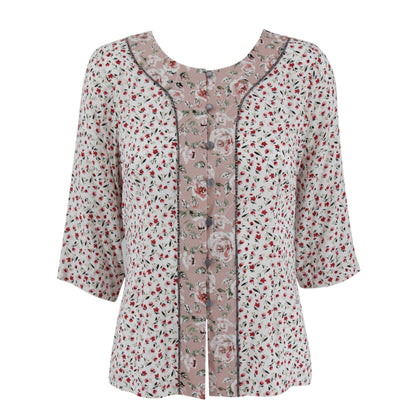 ENRO Mix Fabric Loop Button Down 3/4 Sleeves Blouse - Prints