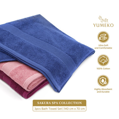 YUMEKO Sakura SPA Collection Bath Towel Bundle Of 3 - Raspberry Red+Egyptian Blue+Plum Purple (YMK-SSC-3300-100S-BT)