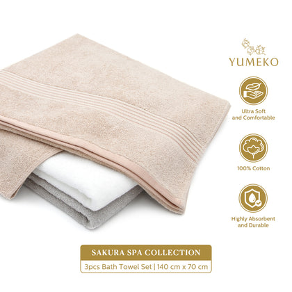 YUMEKO Sakura SPA Collection Bath Towel Bundle Set - Cream+Cocoa+Slate Grey (YMK-SSC-5220-100S-BT)