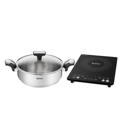 TEFAL Everyday Slim Induction Hob (IH2108) + 24cm Stainless Steel Shallow Pan with Lid (E30170)